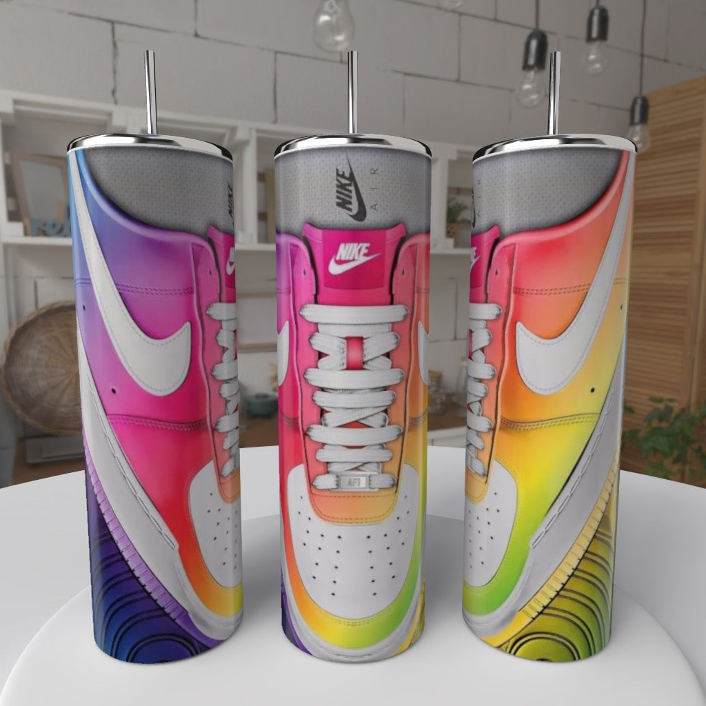Multi colored Nike shoe tumbler